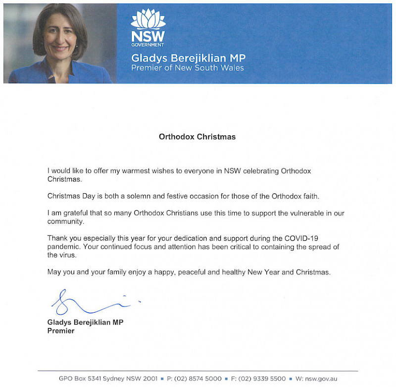 NSW Premier: Orthodox Christmas