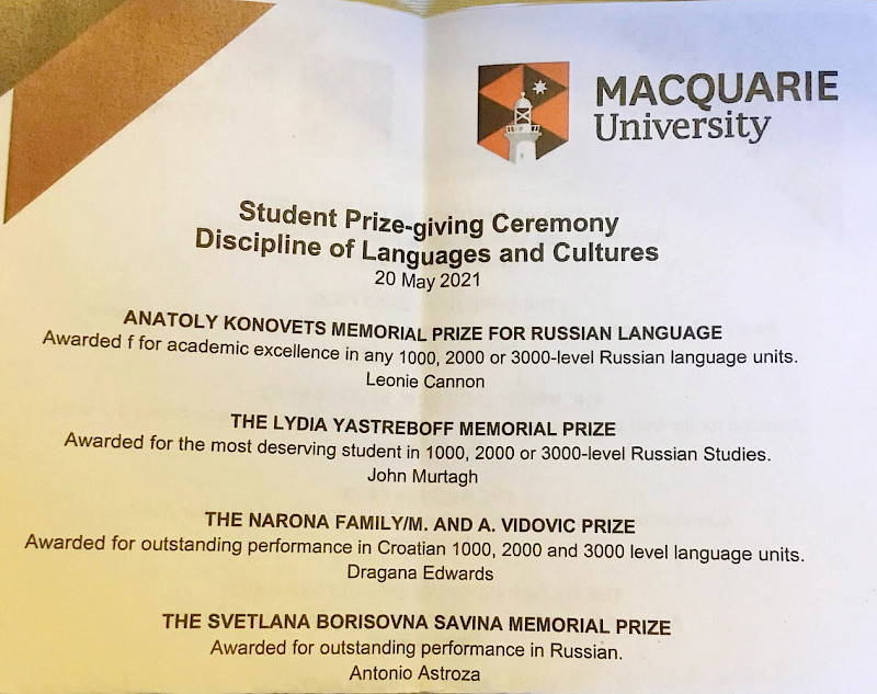 Macquarie University awarded personalized prizes to students of the Russian language